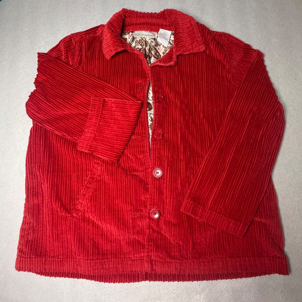 Dressbarn Womens Red Corduroy Button Front Paisley Lined Jacket Large Cotton